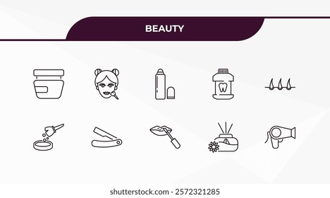 fully editable outline icon collection from beauty concept. thin line icons set such as men cream, women makeup, blush, aroma, hairdryer facing left,