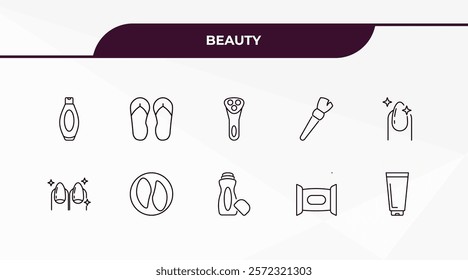 fully editable outline icon collection from beauty concept. thin line icons set such as shampoo bottle, two flip flops, finger with nail, wet wipes, cream tube,