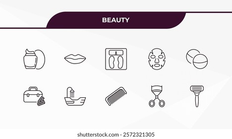 fully editable outline icon collection from beauty concept. thin line icons set such as facial cream, lips, big makeup box, eyelashes curler, razor,