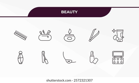 fully editable outline icon collection from beauty concept. thin line icons set such as inclined comb, little makeup box, french perfume, inclined lipstick, eye shadow,