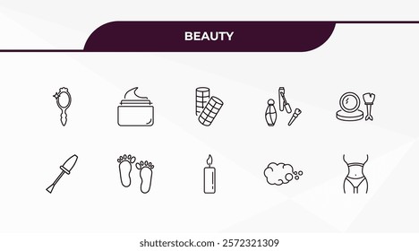 fully editable outline icon collection from beauty concept. thin line icons set such as hand mirror, skincare, nail brush, foam, women waist,