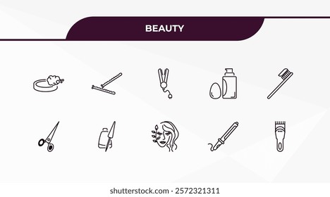 fully editable outline icon collection from beauty concept. thin line icons set such as soap bar, bobby pins, hair scissors, curler, hair clipper,