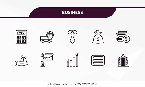 fully editable outline icon collection from business concept. thin line icons set such as tax calculate, logistic, purpose of saving money, basic burger, corporation,