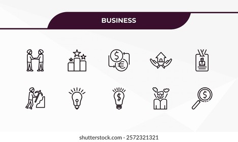 fully editable outline icon collection from business concept. thin line icons set such as men shaking hands, ranking factor, worker digging a hole, angry boss, money finder,