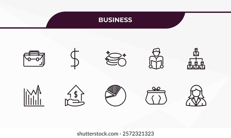 fully editable outline icon collection from business concept. thin line icons set such as briefcase, dollar currency, statistical chart, coin purse, businesswomen,