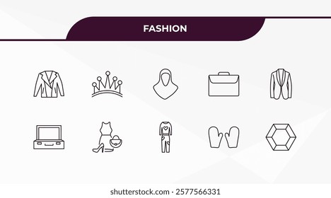 fully editable outline icon collection from fashion concept. thin line icons set such as leather jacket, royal, closed briefcase, pair of mittens, diamond precious stone,