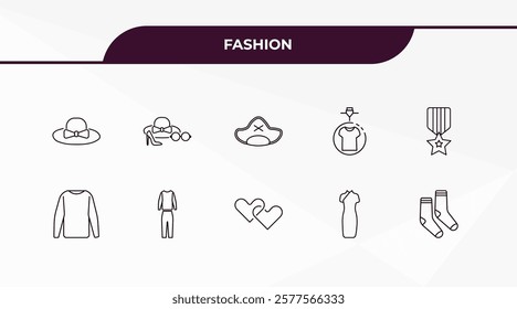 fully editable outline icon collection from fashion concept. thin line icons set such as round hat, accesory, long sleeves, cheongsam, pair of socks,