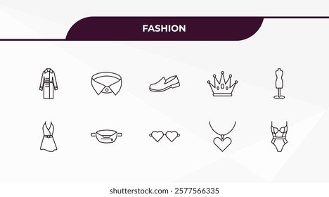 fully editable outline icon collection from fashion concept. thin line icons set such as coat with pockets, collar, dress with belt, heart pendant, lingerine,