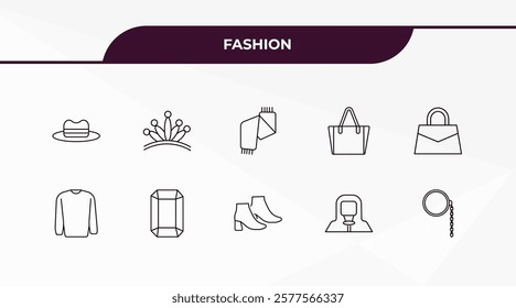 fully editable outline icon collection from fashion concept. thin line icons set such as fedora, diadem, sweater with pocket, hazmat, monocle,