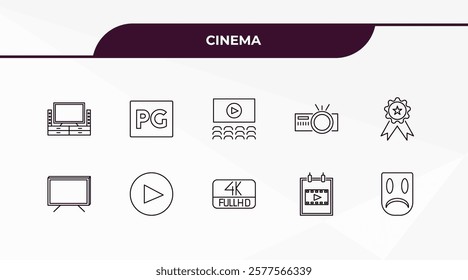 fully editable outline icon collection from cinema concept. thin line icons set such as home theater, parental guidance, 3d television, film poster, sad mask,