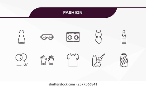 fully editable outline icon collection from fashion concept. thin line icons set such as neckline dress, sleeping mask, unisex, hair dye, skein,