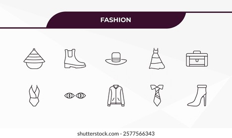 fully editable outline icon collection from fashion concept. thin line icons set such as samurai japanese hat, woman boots, swimwear, stripped tie, high heel boots,