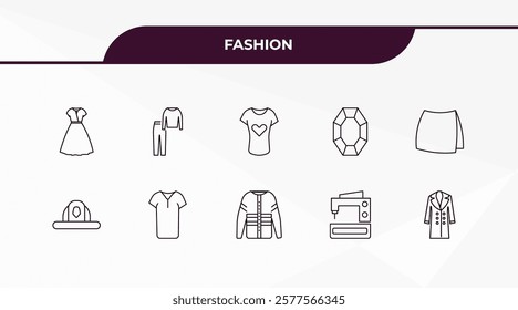 fully editable outline icon collection from fashion concept. thin line icons set such as women drees, femenine trakcsuit, firefighter hat, electrical appliances, women coat,