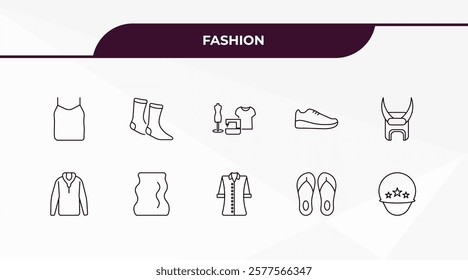 fully editable outline icon collection from fashion concept. thin line icons set such as women sleeveless shirt, warm sock, sweater with hood, pair sandals, general helmet,