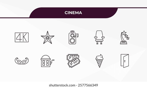 fully editable outline icon collection from cinema concept. thin line icons set such as 4k, famous cinema star, small carnival mask, stripped ice cream cone, doorway,