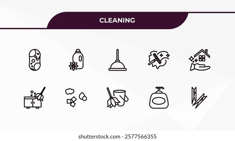 fully editable outline icon collection from cleaning concept. thin line icons set such as sponges, softener, dusting, hand soap, clothes peg,