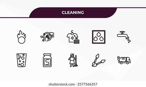 fully editable outline icon collection from cleaning concept. thin line icons set such as oxidizing agent, washing dishes, hard water, tampon cleanin, garbage truck,