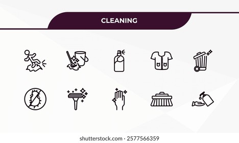 fully editable outline icon collection from cleaning concept. thin line icons set such as slippery, mop, virus cleanin, scrub brush, sterilization,