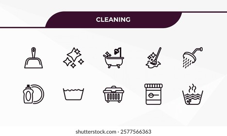 fully editable outline icon collection from cleaning concept. thin line icons set such as dust pan, neat, dish soap, baking soda, hot water,