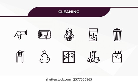 fully editable outline icon collection from cleaning concept. thin line icons set such as hairdryer cleanin, carpet cleaning, suspension, cleaning tools, perfume cleanin,