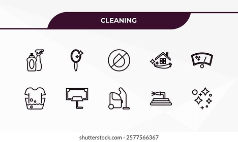 fully editable outline icon collection from cleaning concept. thin line icons set such as cleaning products, mirror cleanin, washing clothes, garden hose, clean,