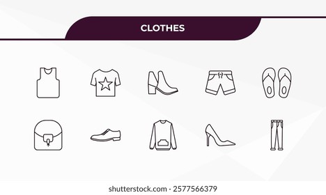 fully editable outline icon collection from clothes concept. thin line icons set such as tank top, t shirt with de, hobo bag, high heel, jeans,