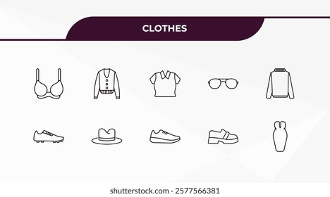 fully editable outline icon collection from clothes concept. thin line icons set such as bra, cotton cardigan, soccer shoe, loafer, long bandeau dress,