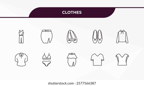 fully editable outline icon collection from clothes concept. thin line icons set such as jumpsuit, slit skirt, blouse, v neck shirt, chiffon suffle blouse,