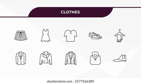 fully editable outline icon collection from clothes concept. thin line icons set such as tulle skirt, chiffon dress, jersey blazer, bucket bag, leather chelsea boots,