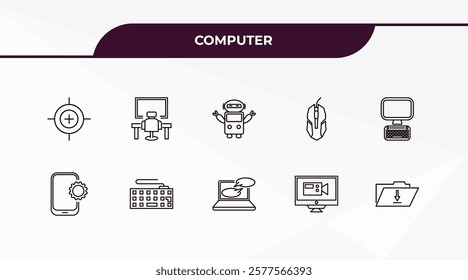 fully editable outline icon collection from computer concept. thin line icons set such as calibrate, work station, tablet data tings, computer video, save file,