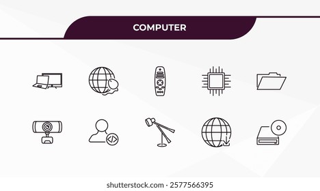 fully editable outline icon collection from computer concept. thin line icons set such as computers, surfing the net, webcamera, download from the net, dvd drive,