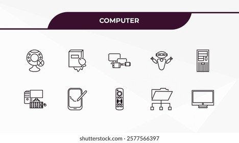 fully editable outline icon collection from computer concept. thin line icons set such as webcam disconnected, book and computer mouse, computer, connected folder data, monitor screen,