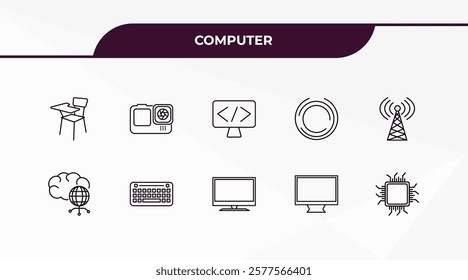 fully editable outline icon collection from computer concept. thin line icons set such as school desk, action camera, cloud network, computer and monitor, computer micro chip,