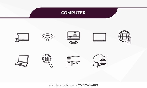 fully editable outline icon collection from computer concept. thin line icons set such as workstation, wi fi, internet server, pc with monitor, information network,