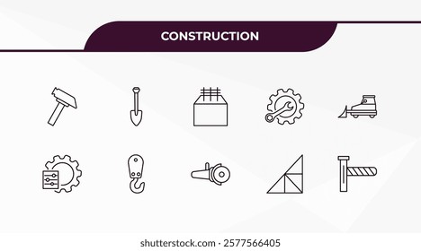 fully editable outline icon collection from construction concept. thin line icons set such as inclined hammer, short shovel, adjusment system, joist, road barrier,