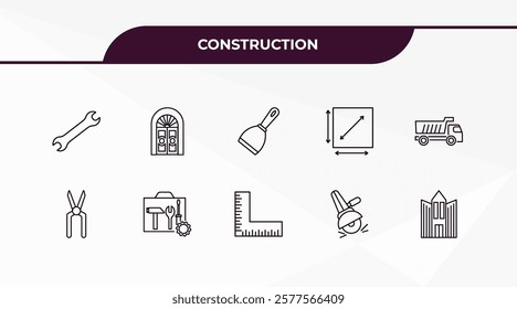 fully editable outline icon collection from construction concept. thin line icons set such as spanner, big door, clippers, grinder, big building,