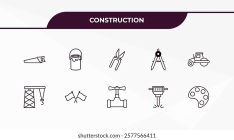 fully editable outline icon collection from construction concept. thin line icons set such as wood saw, paint bucket, derrick facing right, hydraulic breaker, pallete,