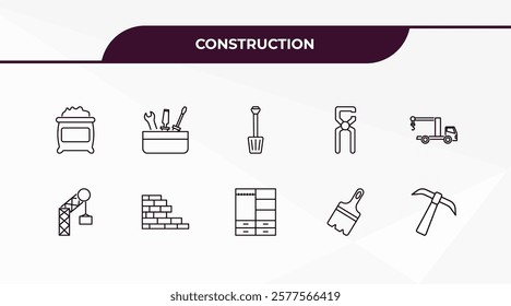 fully editable outline icon collection from construction concept. thin line icons set such as cement, tool box, derrick with boxes, brush, inclined picker,