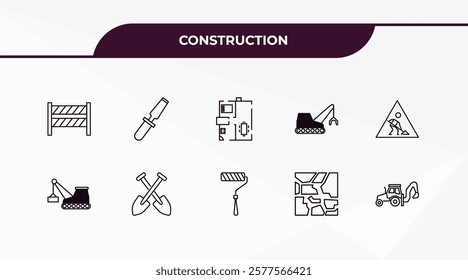 fully editable outline icon collection from construction concept. thin line icons set such as road stopper, chisel, derrick with box, paving, backhoes,