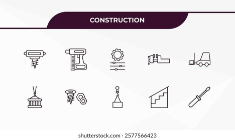 fully editable outline icon collection from construction concept. thin line icons set such as pickaxes drilling, nail gun, derrick with pallet, stairs with handle, screwdrivers,