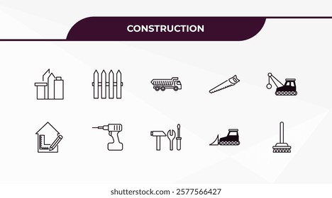 fully editable outline icon collection from construction concept. thin line icons set such as  , garden fence, interior de, bulldozer, sweeping broom,