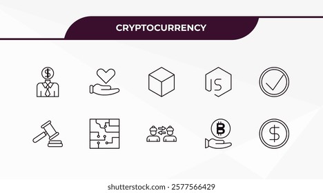 fully editable outline icon collection from cryptocurrency concept. thin line icons set such as banker, donate, auction hammer, crypto invest, dollar,