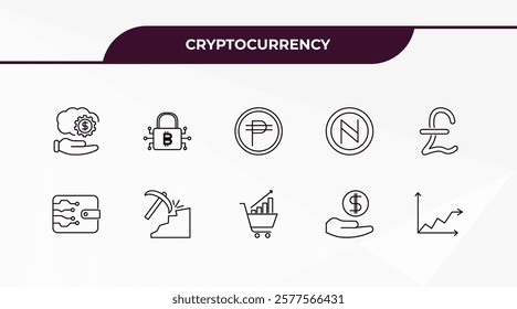 fully editable outline icon collection from cryptocurrency concept. thin line icons set such as fintech industry, bitcoin encryption, digital wallet, income, stocks,