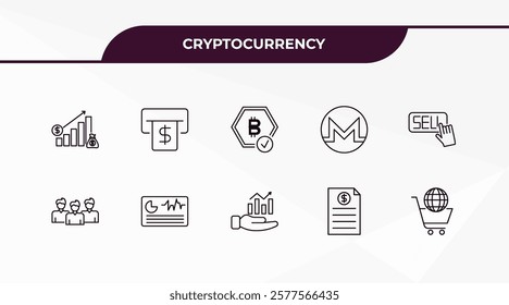 fully editable outline icon collection from cryptocurrency concept. thin line icons set such as budget diagram, withdraw, meeting, invoice, e-business,