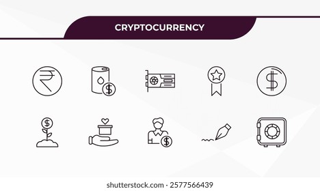 fully editable outline icon collection from cryptocurrency concept. thin line icons set such as rupee, oil economy, invest,  , strongbox,