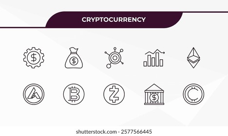 fully editable outline icon collection from cryptocurrency concept. thin line icons set such as economy gear, money bag,  , banking, cryptocurrency,