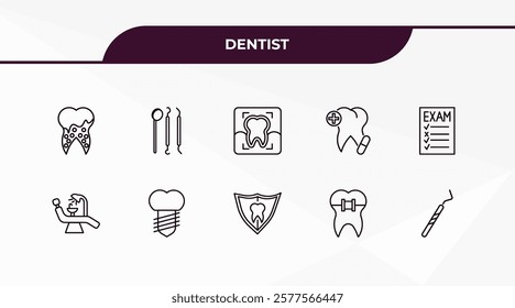 fully editable outline icon collection from dentist concept. thin line icons set such as plaque, dentist tools, dentist chair, dental brackets, dental probe,