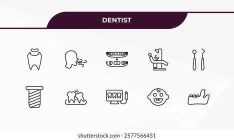 fully editable outline icon collection from dentist concept. thin line icons set such as tooth filling, breath, implant fixture, baby dental, maxilla,