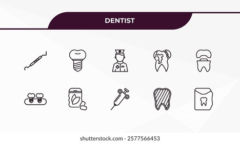 fully editable outline icon collection from dentist concept. thin line icons set such as periodontal scaler, implant, fake tooth, inner tooth, dental floss,