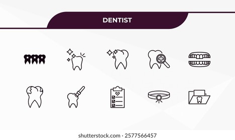 fully editable outline icon collection from dentist concept. thin line icons set such as brackets, shiny tooth, cavities, headlamp, dental folder,